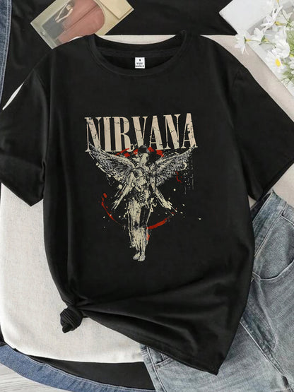 【0933】  Letters and angels Round neck women's T-shirt